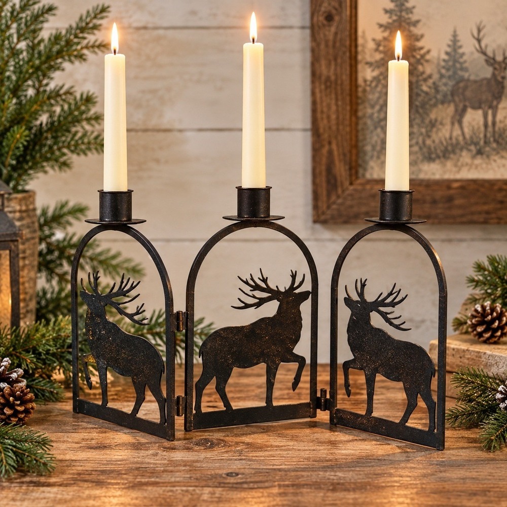 Metal Stag Candle Holder 3 Panel Folding Deer Taper Candelabra Rustic Lodge